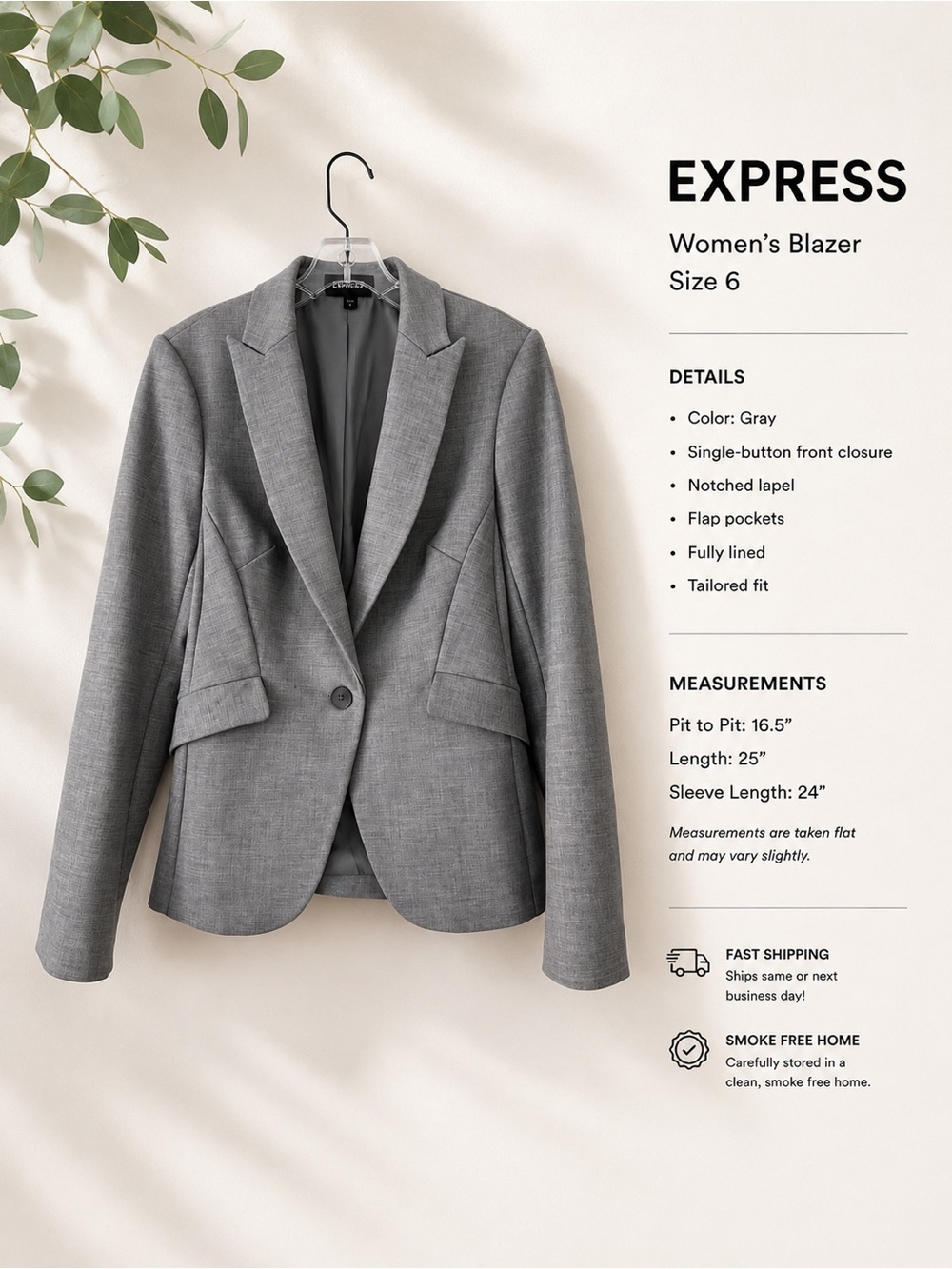Express Gray Tailored Women's Blazer - Single-Button Notch Lapel Size 6